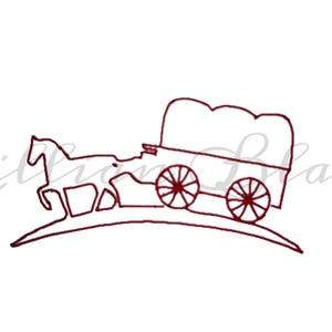 Pode incluir: Um desenho a traço marrom de uma carroça puxada por cavalos. A carroça tem um teto coberto e rodas de raios. Os cavalos puxam a carroça sobre uma linha curva. O nome "Lilian Blake" está escrito em itálico. Uma imagem de estilo vintage.