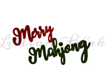 May include: Red cursive text that says "Merry" above green cursive text that says "Mahjong". The words are slightly offset from each other. The background is white.