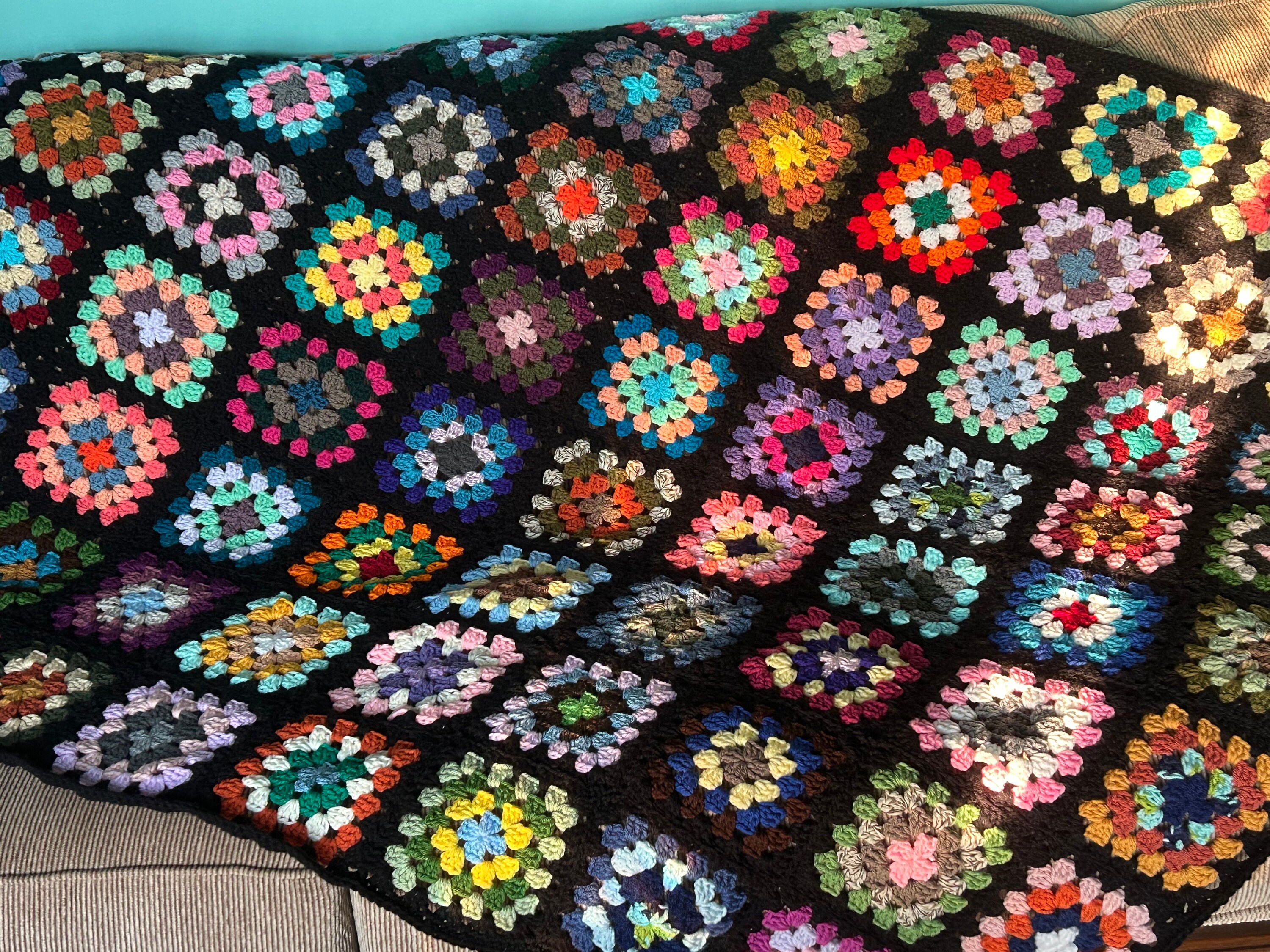 Vintage Style Black Trim Granny Square Afghan Roseanne Couch