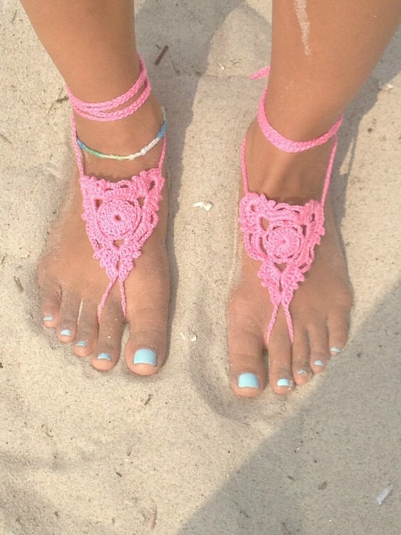 Barefoot Sandals Hand Crochet in Bright Pink Perfect for Beach