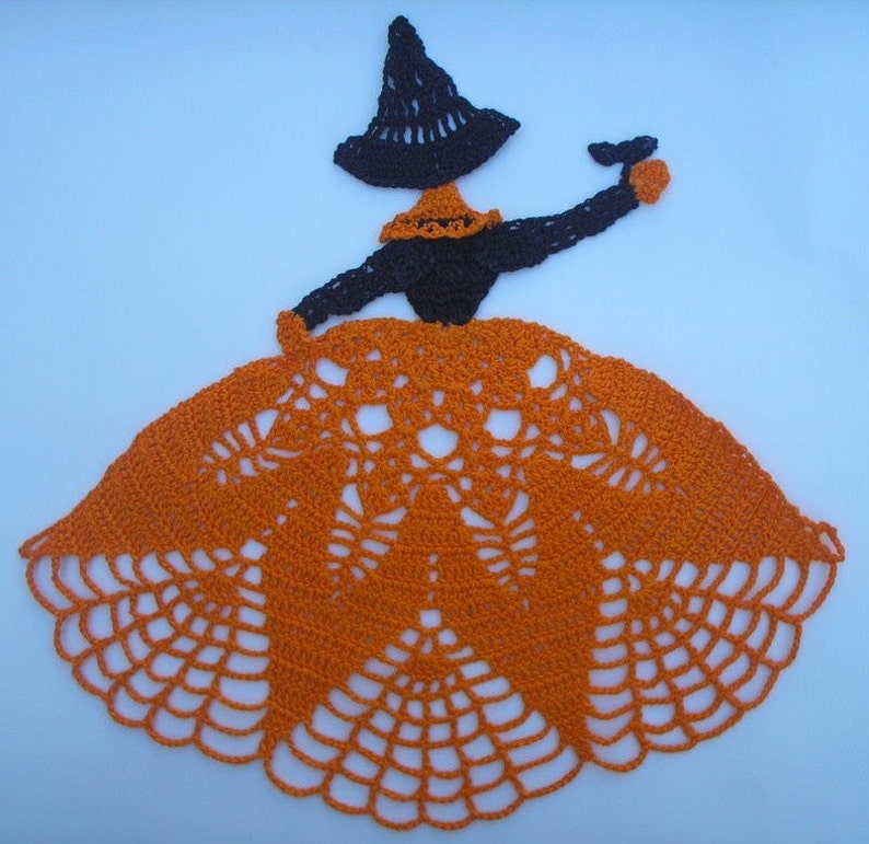 Halloween Crochet Orange Crinoline Witch Doily image 1