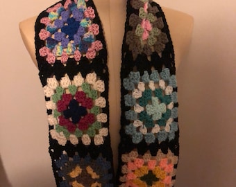 Roseanne Scarf - Vintage Style Black Granny Square Scarf - Couch Afghan Blanket Design