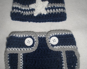 Dallas Cowboys hand Crochet Diaper Cover and Beanie Hat Set Photo Prop Costume