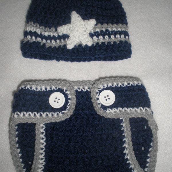 Dallas Cowboys hand Crochet Diaper Cover and Beanie Hat Set Photo Prop Costume