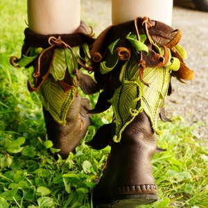 Mid-Calf Evolution Boot / Tall Moccasin Hand Stitched Bullhide Leather With Leaf Applique & Stones / Festival Boots LARP Renaissance Faerie image 1