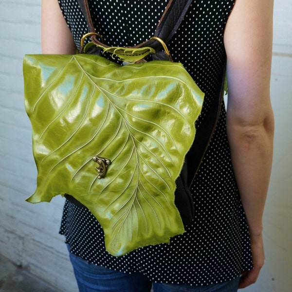 Green Leather Leaf Backpack Purse / Dual Use LIGHTWEIGHT Leaves Tote Messenger Bag Kiwi Brown Renaissance Faerie Forest Woodland Handmade