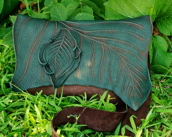 Large Chocolate Brown Green Leather Leaf Forest Purse / Bag Tote Woodland Faerie Renaissance Hobbit Earthy LARP Wood Leaves Fairy Festival