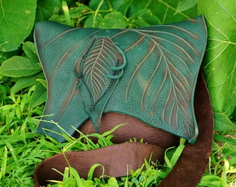 Medium FOREST Purse / Soft Bullhide Leather Teal Green Leaf Brown Bag Renaissance LARP Fairy Woodland Nature Lover