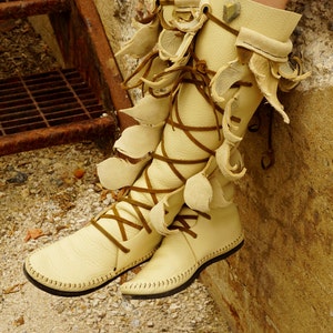 Cream Knee High Forest Boot/Moccasin with Seed Of Life Pockets