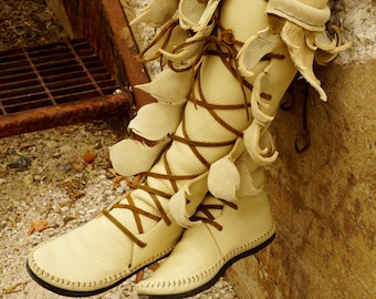 Cream Knee High Forest Boot/Moccasin with Seed Of Life Pockets