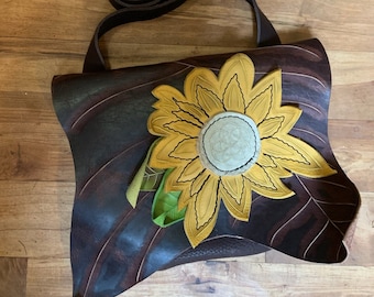 Medium Sunflower Purse: Bison Leather Crossbody Nature Sun Garden Tote Bag