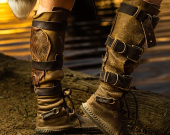 Triple Buckle Knee High Indies / Renaissance Steampunk LARP Boots Handmade /Vibram/ leather leaves