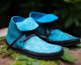 Hand-Etched Flower of Life Chukka II Moccasins: With Tongue Flap (No D Ring)
