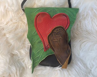 Small Leather Purse w Power Fist and Heart / Hip Bag Flower Nature Leather Bison Adjustable Crossbody