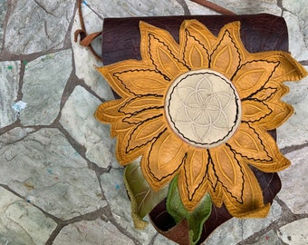 Sunflower Smart Phone Purse / Bison Leather Crossbody Hip Bag Adjustable Flower Nature Sun Garden