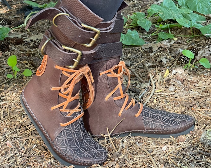 Double Buckle Indies / Calf High Industrial Moccasin / Renaissance Steampunk LARP Boots Handmade Vibram Flower of Life
