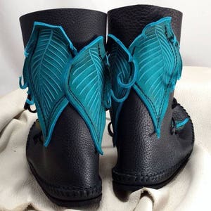 Shin High Moccasin Black w/ Turquoise Leaf Applique / Hand Stitched Thick Bullhide Leather w/ Vibram image 1