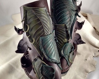 Mid-Calf Elf Wrap Moccasins with Leaf Pockets / Woodland Faerie Funktional Nature Art