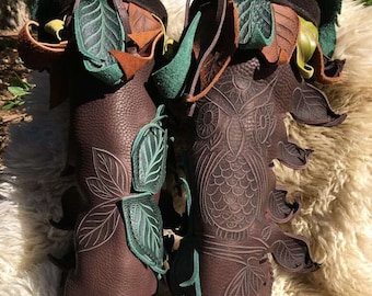 Knee High Owl Forest Boot / Moccasin Hand Stitched Thick Bullhide Upper With Durable Vibram Sole