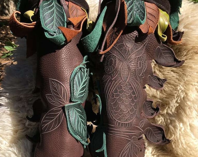 Knee High Owl Forest Boot / Moccasin Hand Stitched Thick Bullhide Upper With Durable Vibram Sole