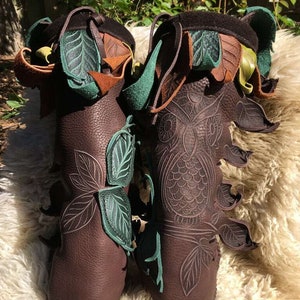 Knee High Owl Forest Boot / Moccasin Hand Stitched Thick Bullhide Upper With Durable Vibram Sole