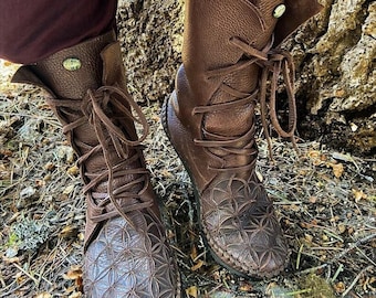 Bull Hide Shin High Lace up Boots: Flower of Life Etched Toes W/Stone