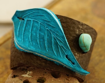 Wrist Cuff Turquoise Blue Leather Leaf / w Stone