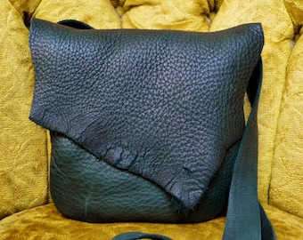 Raw Edge Medium Leather Purse: Rustic Colorful Minimalist Bull Hide Bag