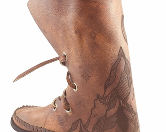 Hunters Moon Leather Moccasin Boots: Shin High Hand Etched Mountains and Moon