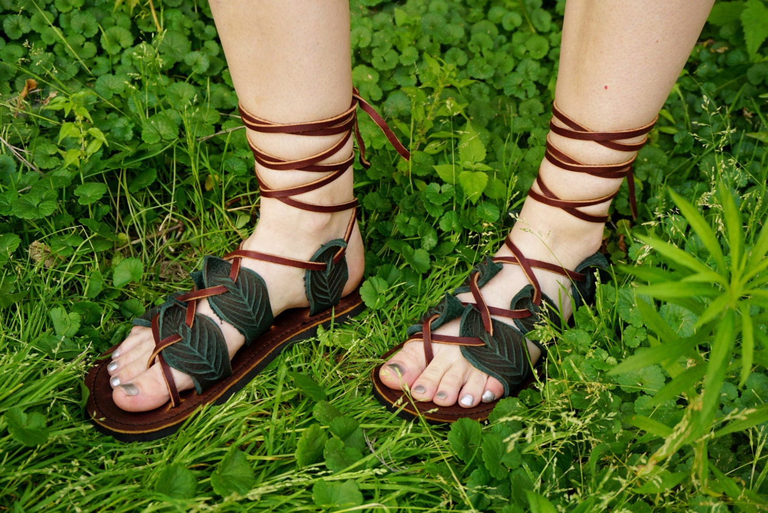 Leaf Sandals / Handmade Leather Lace up Sandals Unisex