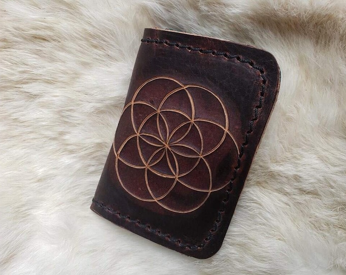 Bison Leather Wallet / Seed of Life, Handmade, Hand Etched, Leather, Custom, Simple, Minimalism, Durable