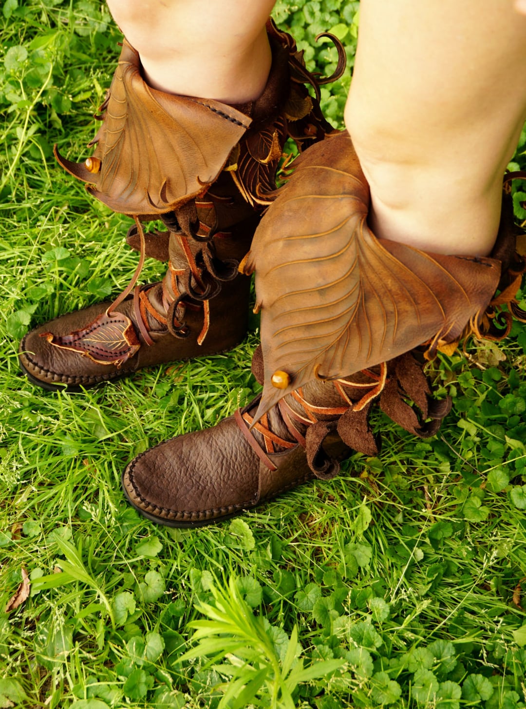 Knee High Evolution Boot: Leather Leaf Applique on Toe, Fairy Elf