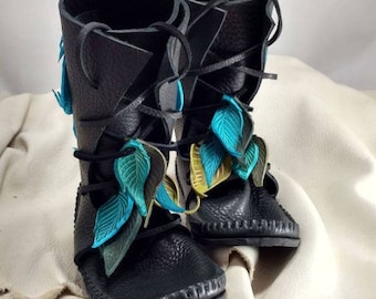 Bull Hide Shin High Moccasin Boots: Black Leather with Turquoise Leaves, includes 10 Lace Leaves