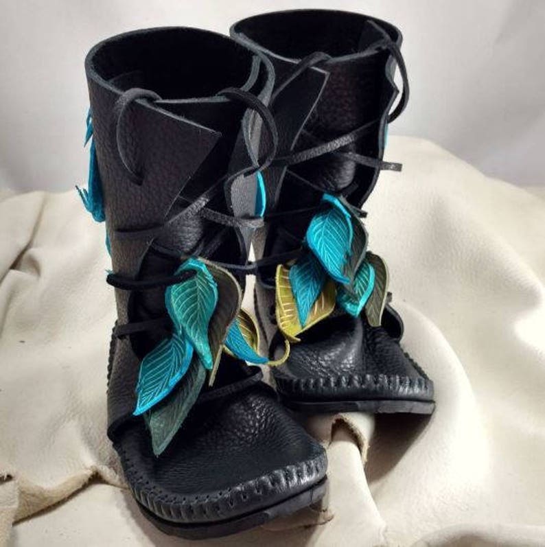 Shin High Moccasin Black w/ Turquoise Leaf Applique / Hand Stitched Thick Bullhide Leather w/ Vibram image 2