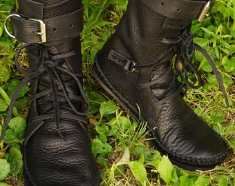 Indies Bull Hide Leather Moccasin Boots: Vibram Sole, Ankle Buckle Renaissance, Larping
