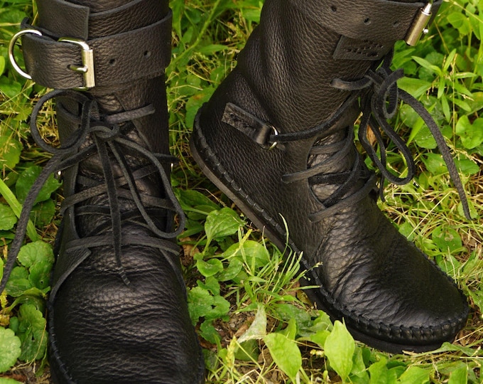 Shin High Indie Moccasin With Buckles /Hand Stitched Soft Bull hide Leather Upper With A Durable VIBRAM Sole / Black or Chocolate brown