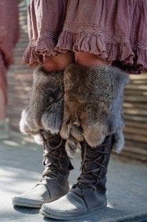 Fur Knee High Moccasins / Woodland Renaissance Forest Salvaged Materials