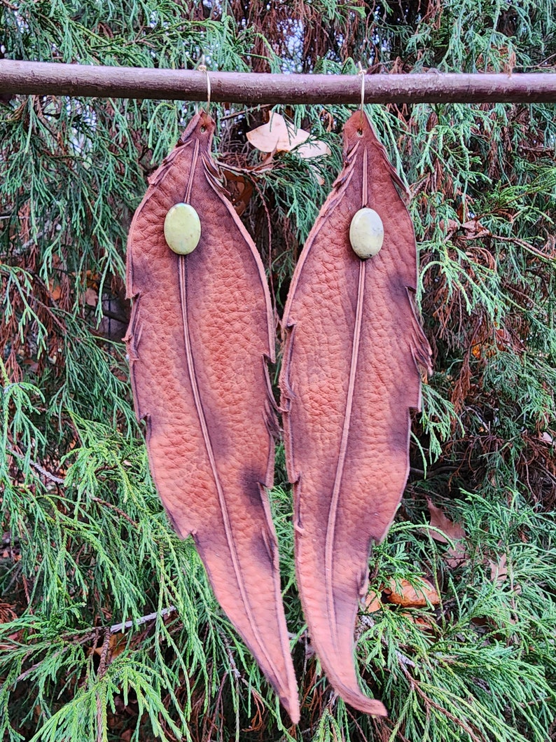 Earrings 92 Leather feather, Woodsy, Leaves, Autumn, Fall, Unique, Handmade, Lightweight, Soft, Dangle, Woodland image 1