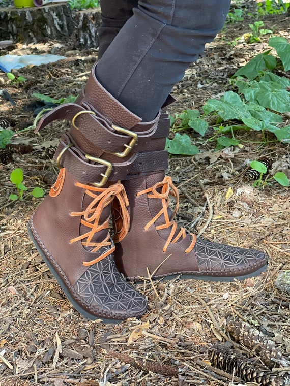 Double Buckle Indies Calf High Industrial Moccasin Renaissance Steampunk LARP Boots Handmade Vibram Flower of Life Etsy Canada