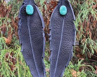 Earrings 9"×2" Leather feather, Woodsy, Leaves, Autumn, Fall, Unique, Handmade, Lightweight, Soft, Dangle, Woodland