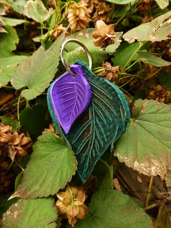 Key Ring Double Leather Leaf / Handmade Keychain Key Fob