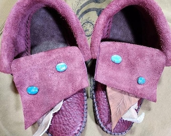 Leather Inca Moccasins: Raw Cut W/ 2 Stones and Leaves, Festival Renaissance style