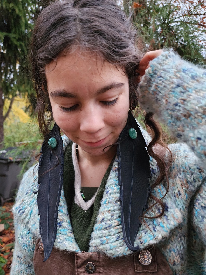 Earrings 92 Leather feather, Woodsy, Leaves, Autumn, Fall, Unique, Handmade, Lightweight, Soft, Dangle, Woodland image 2