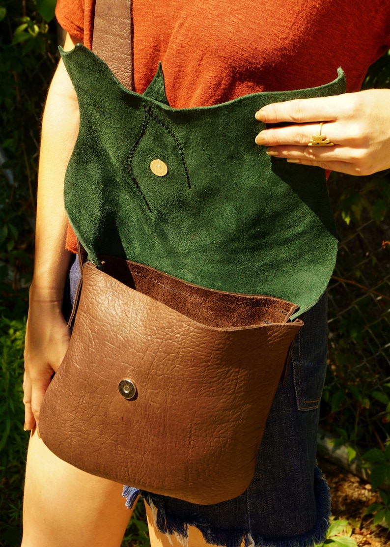 Medium FOREST Purse / Soft Bullhide Leather Teal Green Leaf Brown Bag Renaissance LARP Fairy Woodland Nature Lover image 3