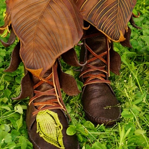 Mid-Calf Evolution Boot / Tall Moccasin Hand Stitched Bullhide Leather With Leaf Applique & Stones / Festival Boots LARP Renaissance Faerie