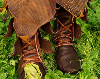 Mid-Calf Evolution Boot / Tall Moccasin Hand Stitched Bullhide Leather With Leaf Applique & Stones / Festival Boots LARP Renaissance Faerie