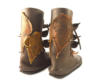 Leather Elf Wrap Moccasins: Leaf Pockets Faerie LARP Renaissance Boots