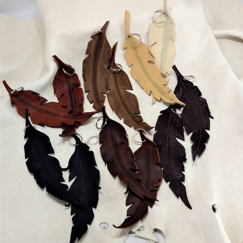 Hand Cut Large Leather Feather Keychain: Bull Hide, Woodland Gift Nature Inspired Key Ring