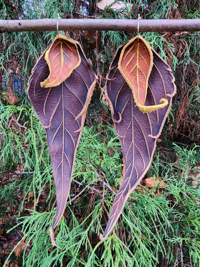 Earrings 93 Leather Leaf, Woodsy, Leaves, Autumn, Fall, Unique, Handmade, Lightweight, Soft, Dangle, Woodland image 1