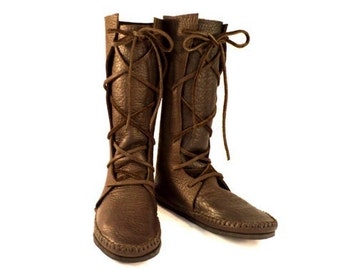 Plain Mid Calf Moccasin / Hand Stitched Bullhide Leather Upper With VIBRAM Sole / Hobbit Minimalist Shoes Boots